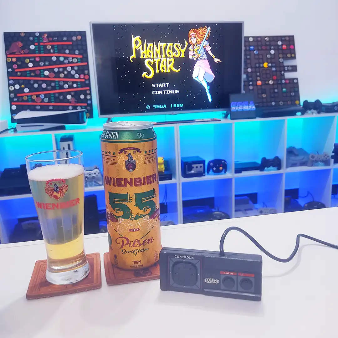 Phantasy Star do Master System com a 55 Pilsen sem glúten da Wienbier