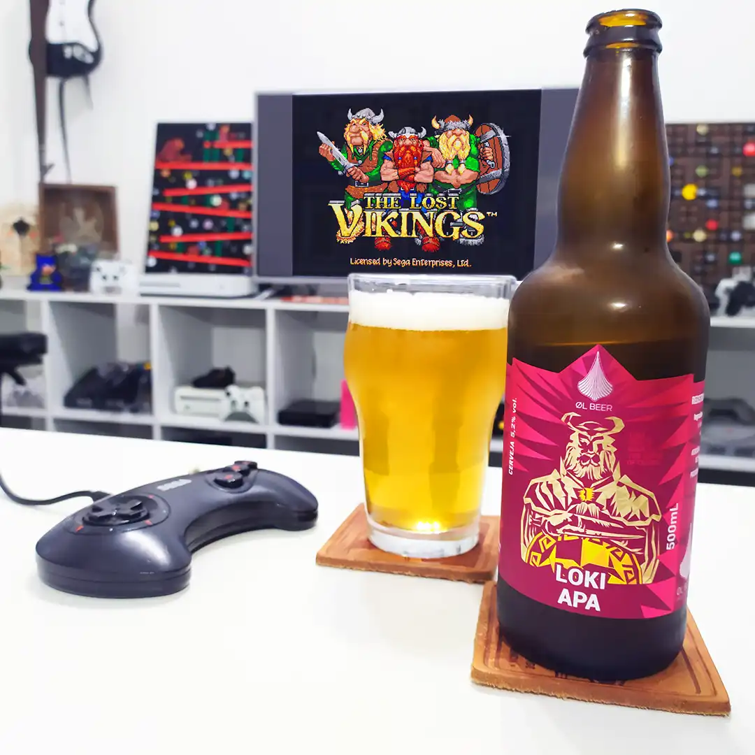 Lost Vikings no Mega Drive com a Loki APA da cervejaria OL Beer