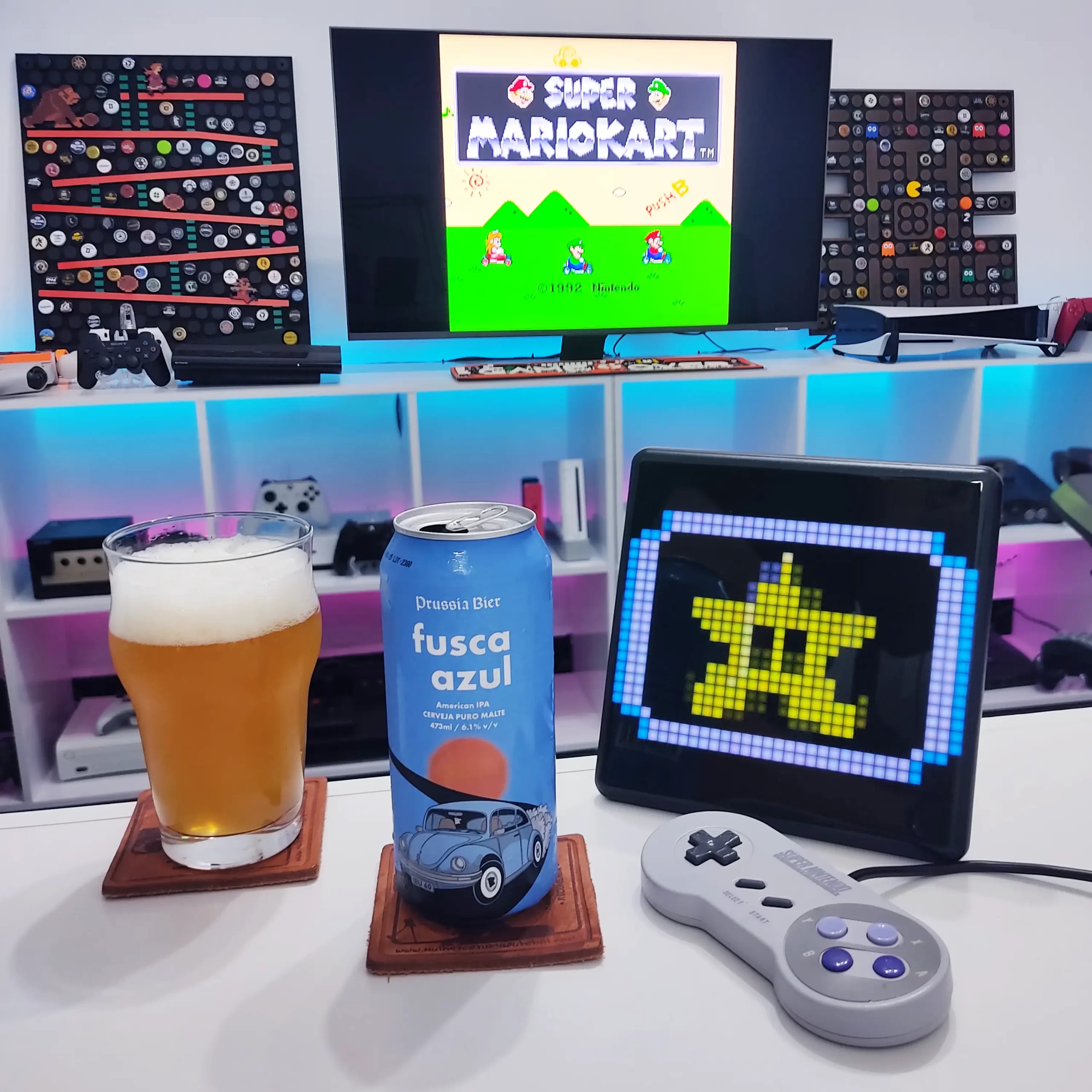 Super Mario Kart para Super Nintendo com a Fusca Azul da Prussia Bier.