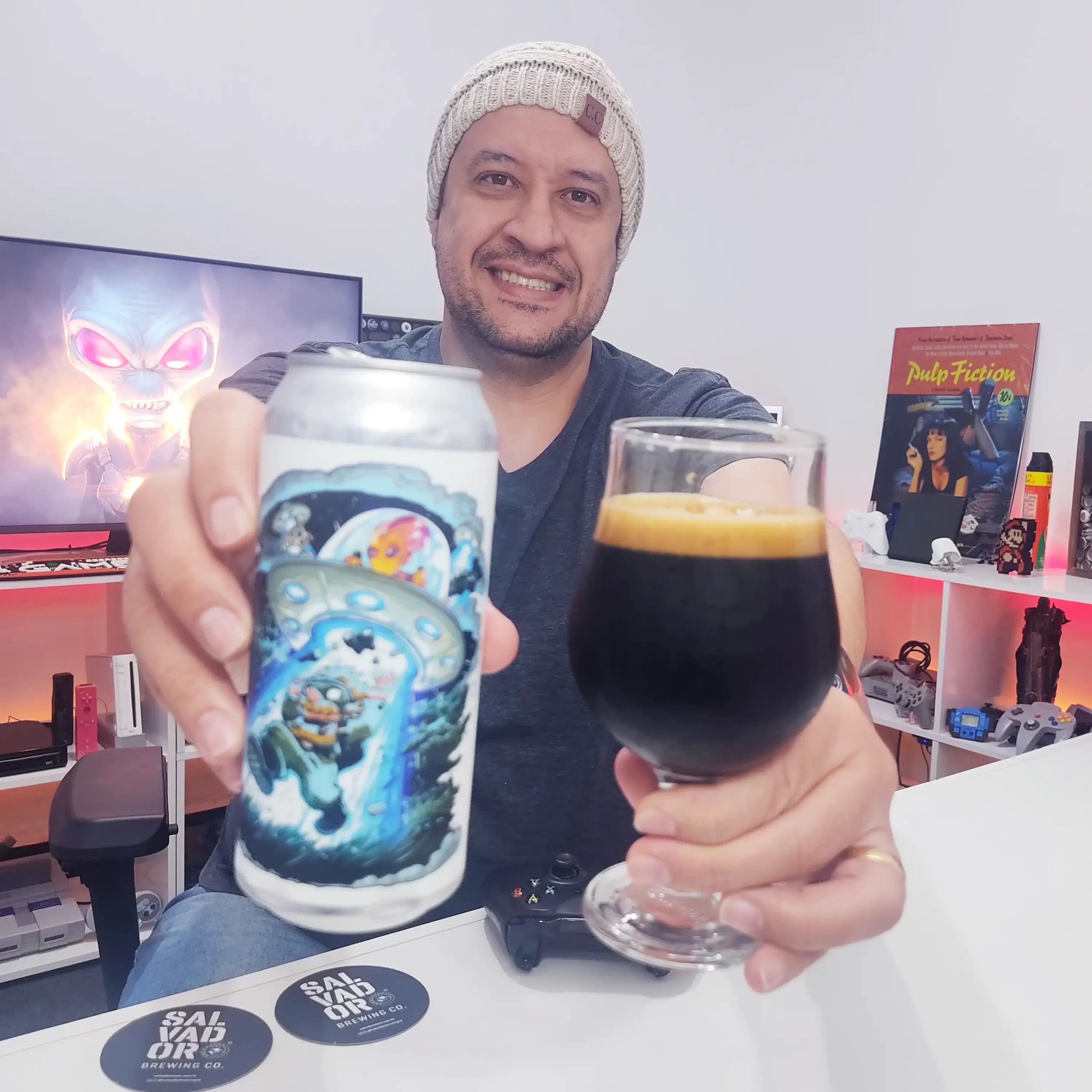 Provando a Russian Imperial Stout da Salvador Brewing e da Cervejaria Fermi