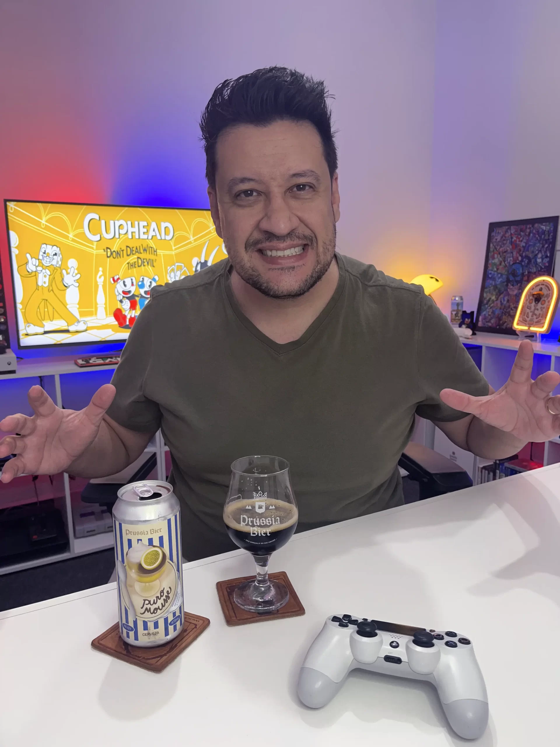 A Puro Mousse da Prussia Bier, uma Porter com cacau e maracujá com Cuphead