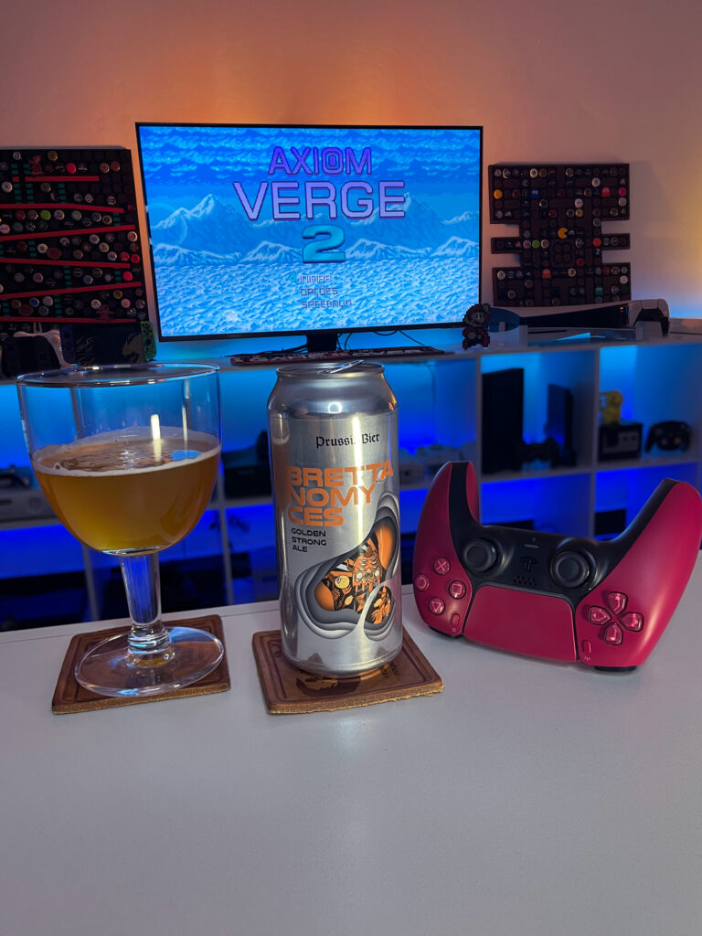 Axiom Verge 2 no PS5 com a Belgian Strong Ale do Clube Lado B da Prussia Bier