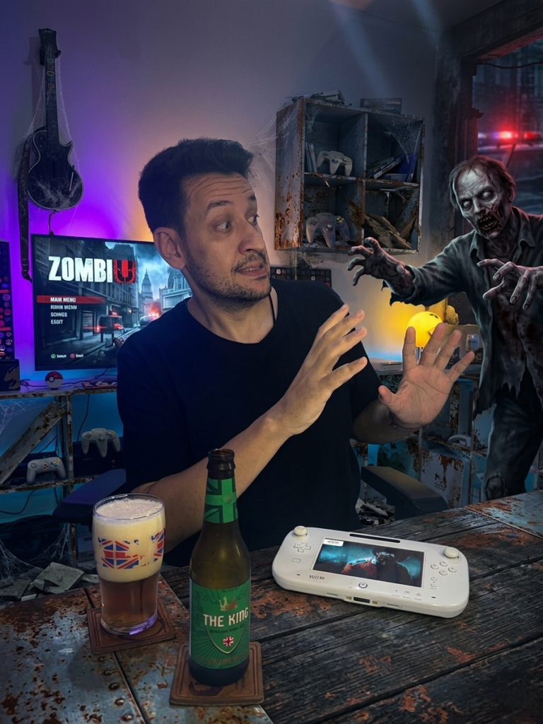 Cerveja The King English Pale Ale da Caixa da Alegria ao lado de ZombiU