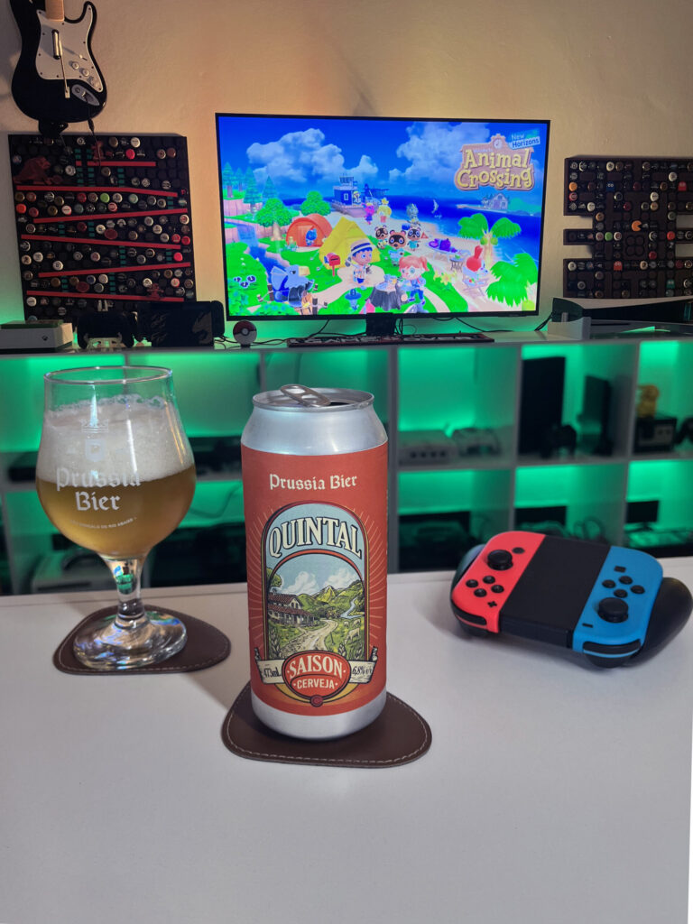 Cerveja Quintal da Prussia Bier ao lado de Animal Crossing New Horizons