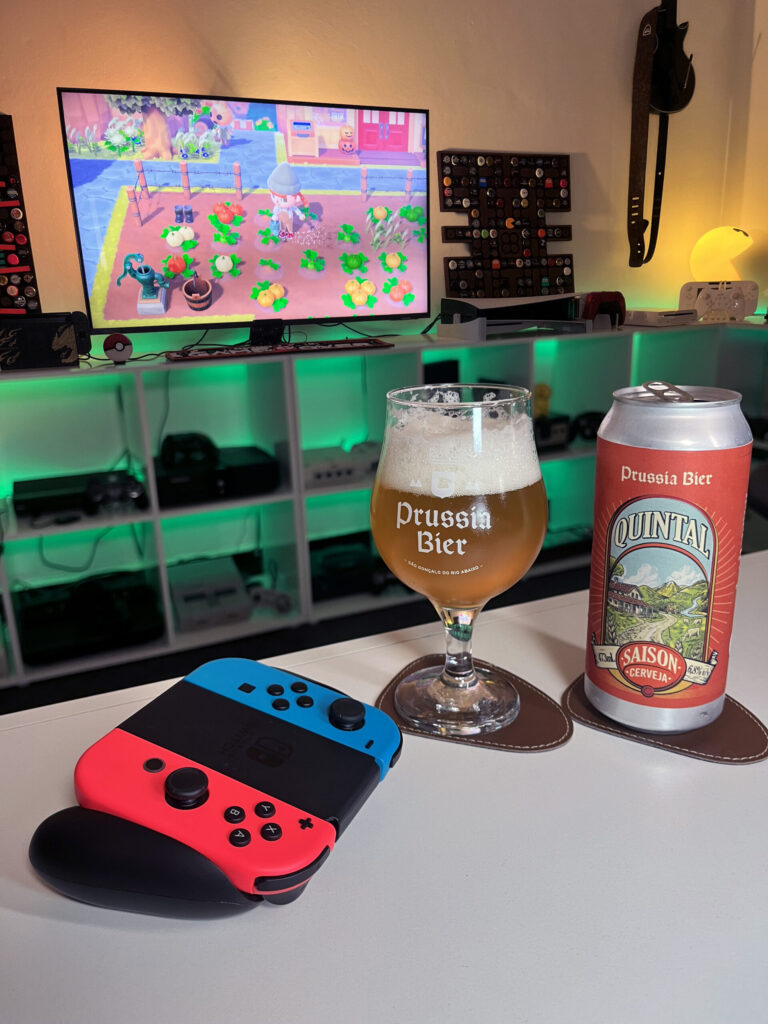 Cerveja Quintal da Prussia Bier ao lado de Animal Crossing New Horizons