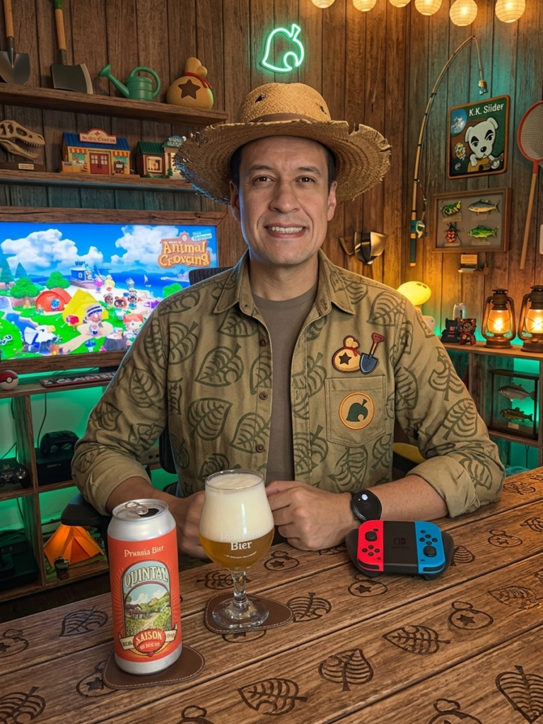 Cerveja Quintal Belgian Saison da Prussia Bier ao lado de Animal Crossing New Horizons