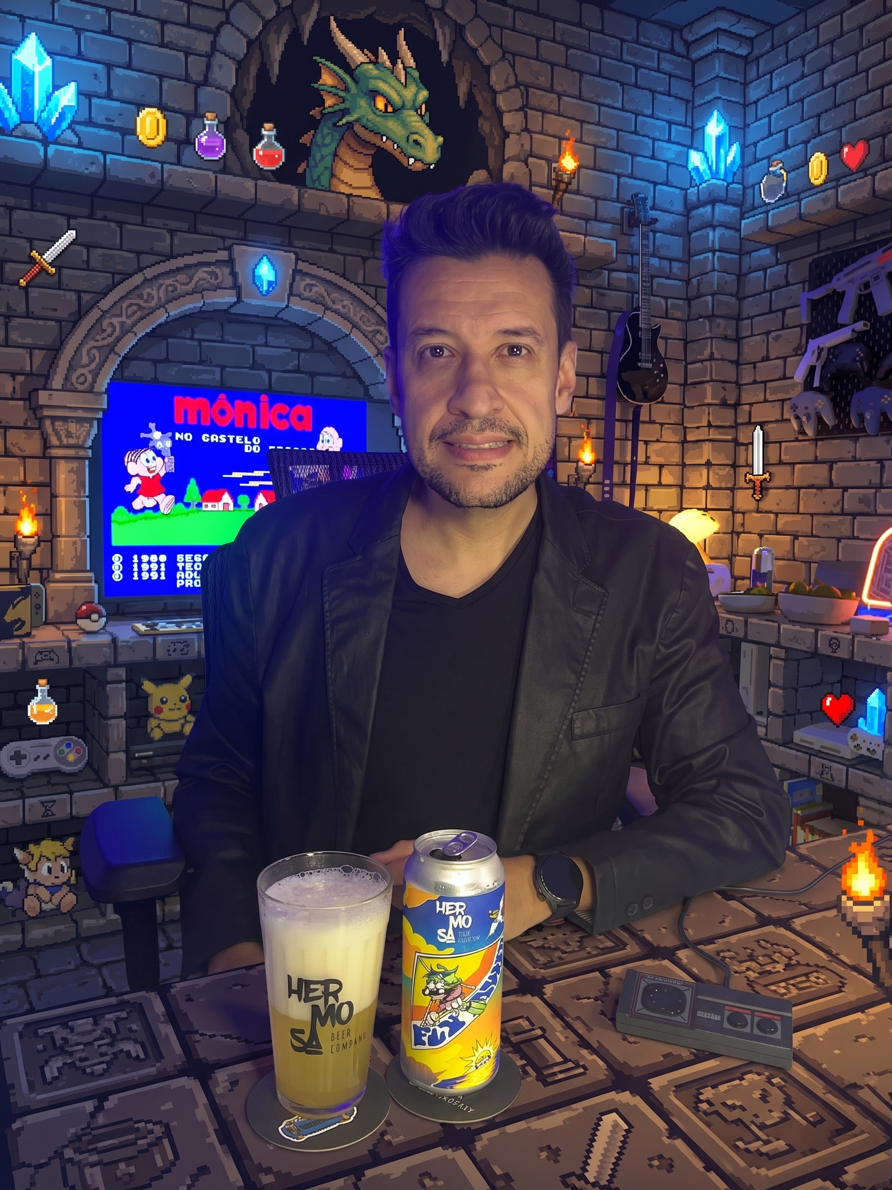 Mônica no Castelo do Dragão no Master System com a Fly Away, Hazy IPA da Hermosa Beer Co.