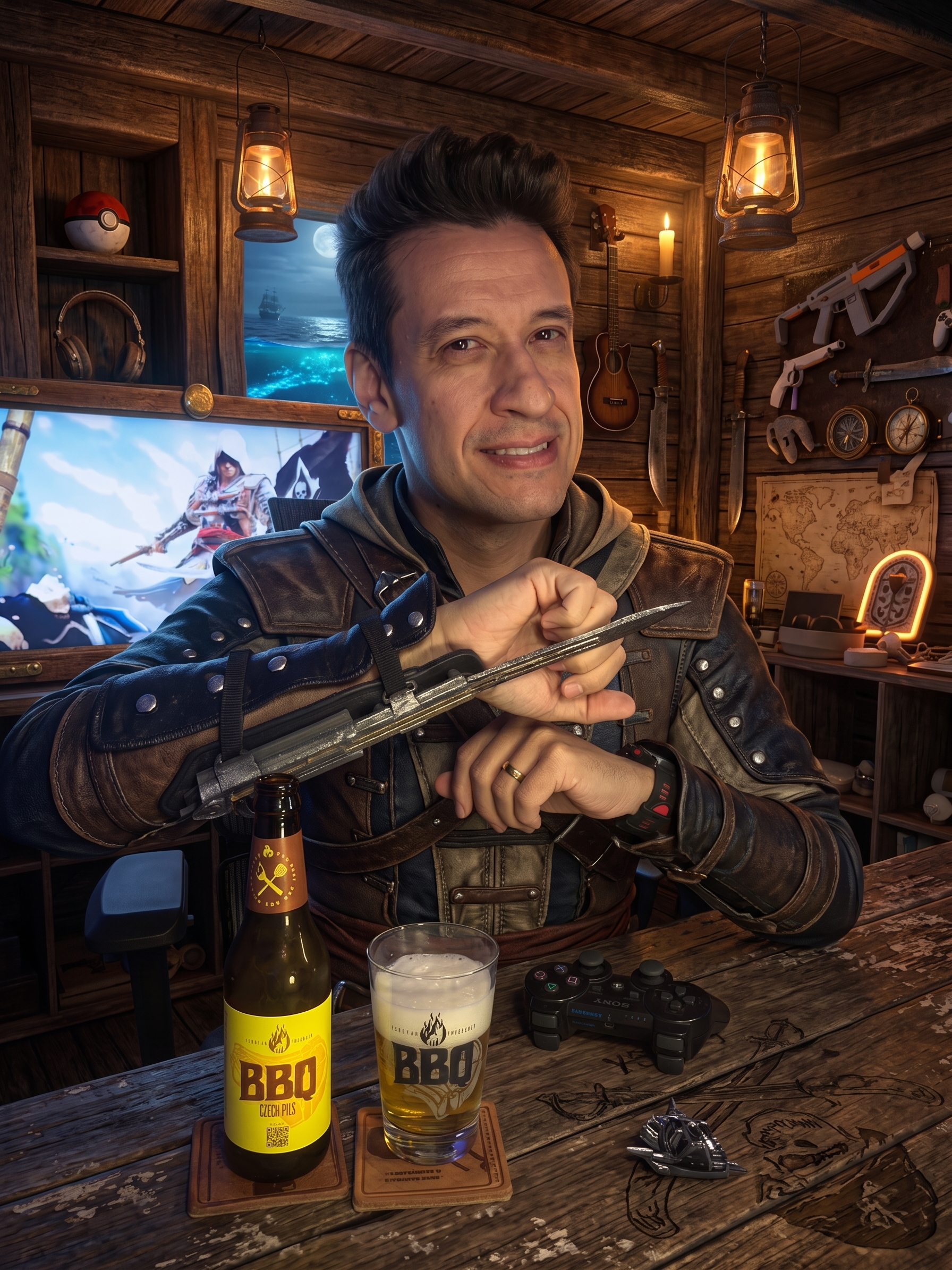 Assassin's Creed IV Black Flag no PlayStation 3 com a Czech Pils da Caixa da Alegria, edição BBQ