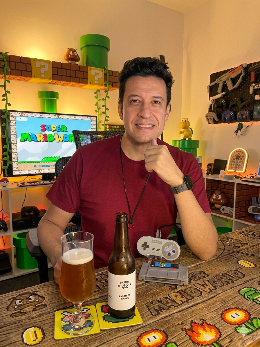 Super Mario World no Super Nintendo com a Session IPA da Avenida 42