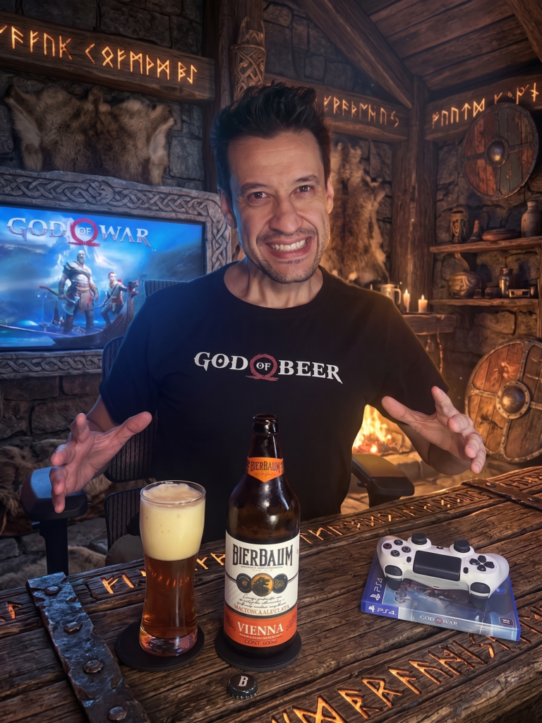 God of War no PS4 com a Vienna Lager da Bierbaum