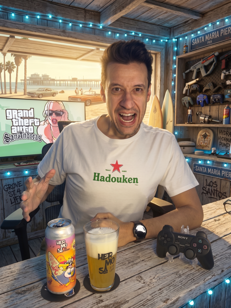 GTA San Andreas no PS2 com a West Coast IPA Welcome to LA da Hermosa Beer Company