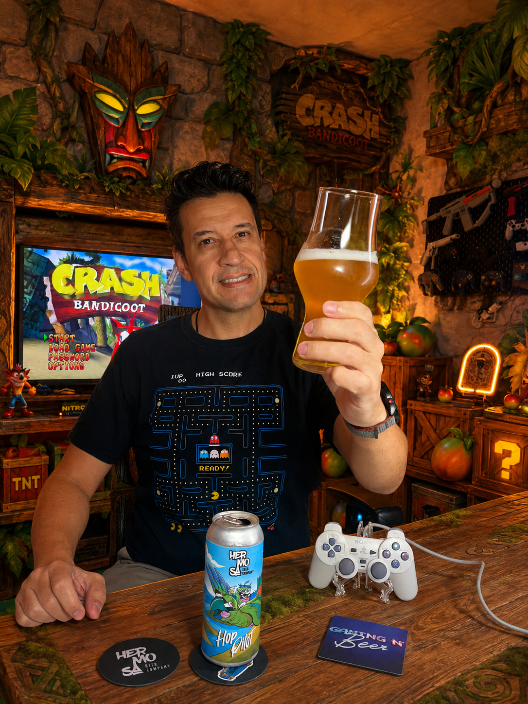 Crash Bandicoot no PlayStation com a New Zealand IPA da Hermosa