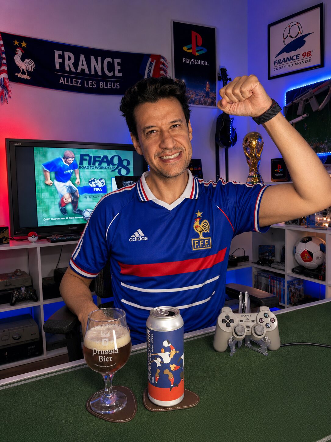 FIFA Road to World Cup 98 no PlayStation com a Bière de Garde da Prussia Bier