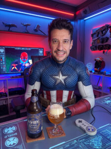 Cerveja American Pale Ale âmbar ao lado de Captain America and the Avengers no Super Nintendo em clima de ação em equipe.