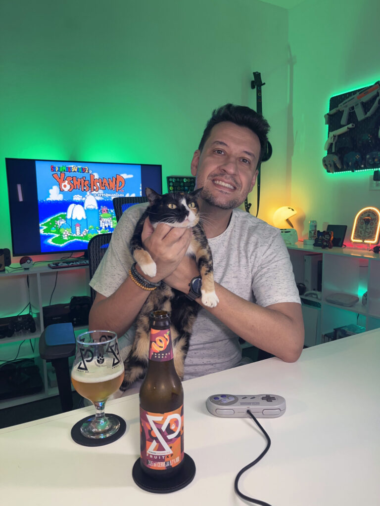 Cerveja dourada intensa ao lado de gameplay colorido de Yoshi's Island no Super Nintendo.