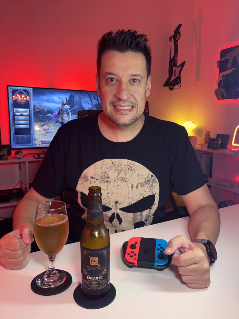 Cerveja Pilsen dourada ao lado de tela inicial de Diablo II Resurrected com personagem Bruxo selecionado.