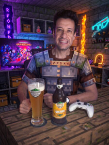 Cerveja Weiss turva amarela ao lado de Minecraft Dungeons no Xbox One em clima de masmorra.