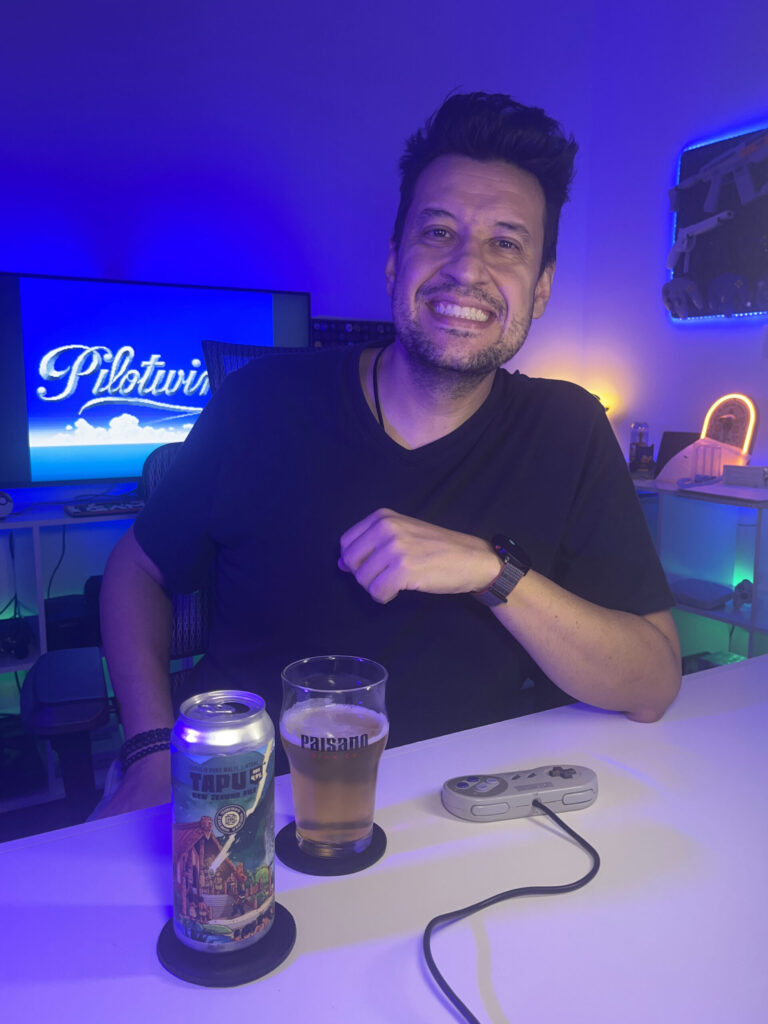 Cerveja clara e translúcida ao lado de gameplay de Pilotwings no Super Nintendo com cenário aéreo retrô.