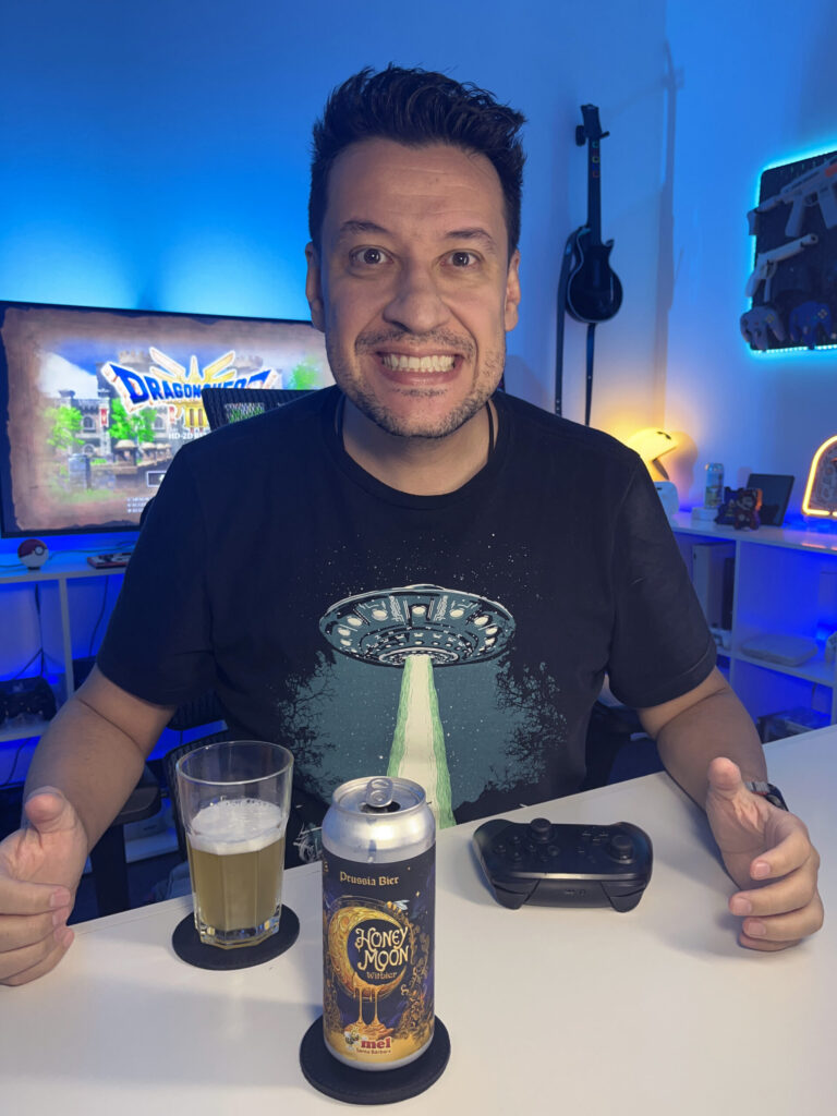 Cerveja Witbier clara e levemente turva ao lado de cena de Dragon Quest III HD-2D Remake no Nintendo Switch.