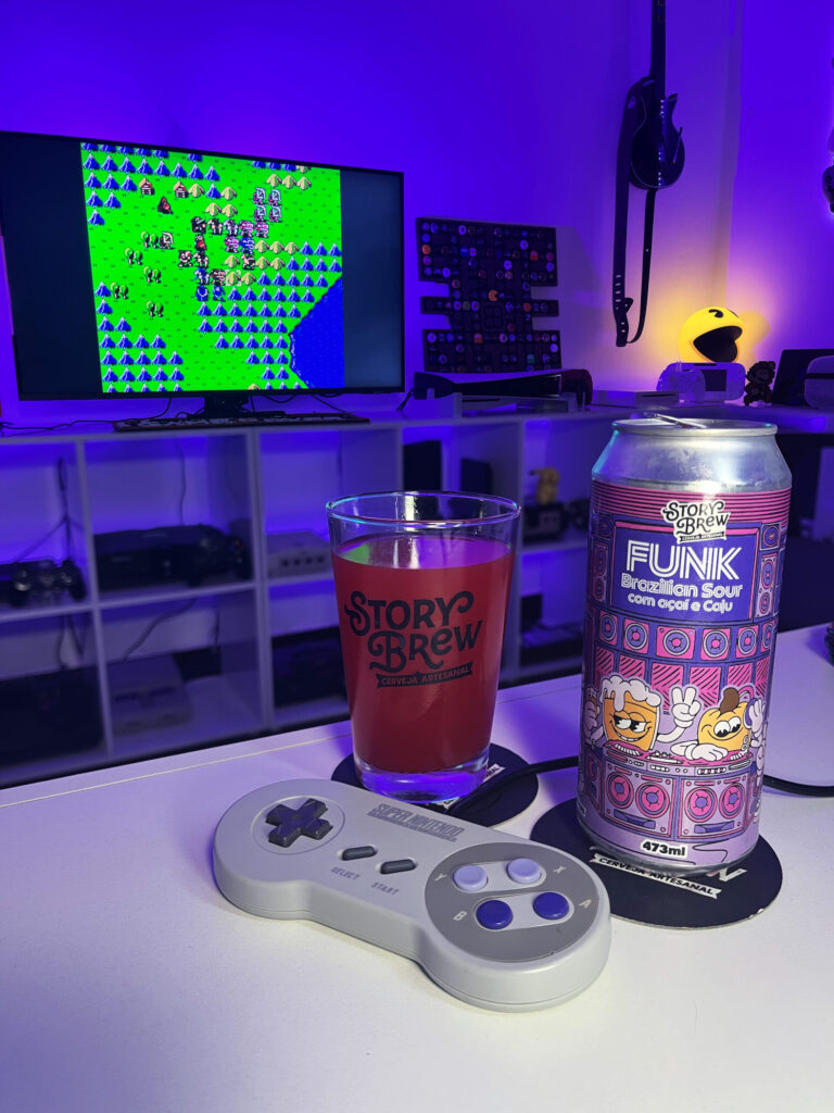 Cerveja Brazilian Sour vermelha intensa ao lado de Fire Emblem no Super Nintendo.