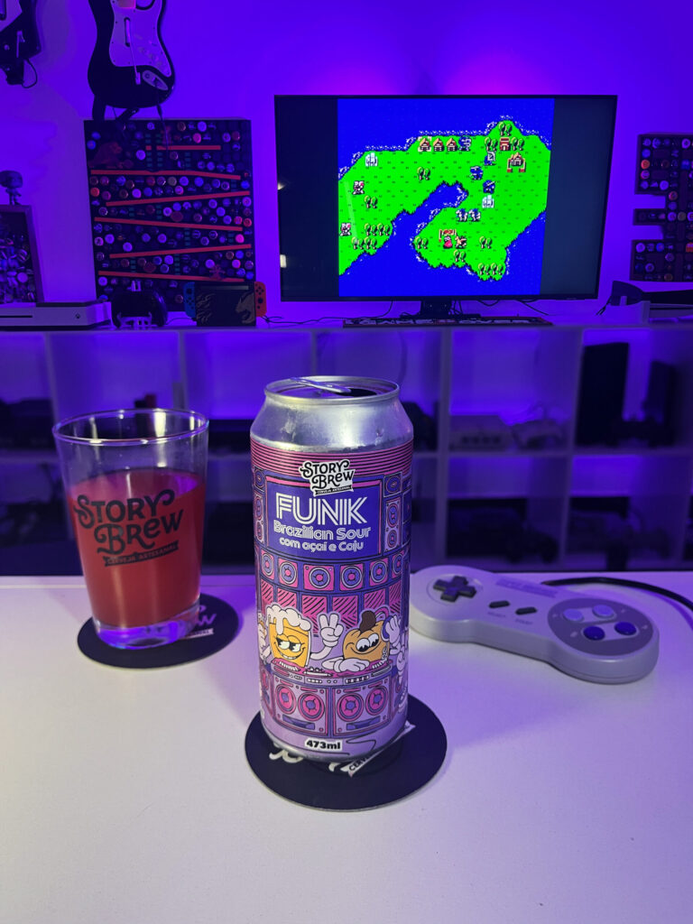 Cerveja Brazilian Sour vermelha intensa ao lado de Fire Emblem no Super Nintendo.