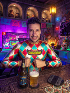Cerveja Witbier palha turva ao lado de Guacamelee Super Turbo Championship Edition no Nintendo Switch em clima de Dia de los Muertos.