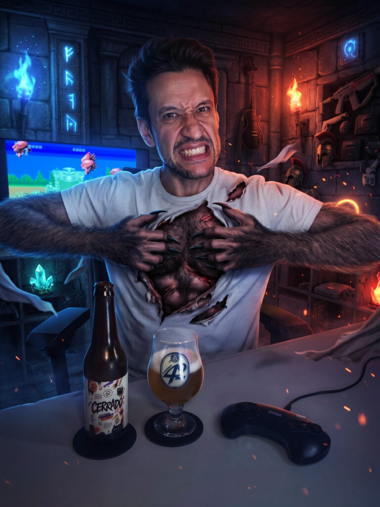 Cerveja Saison dourado escuro ao lado de Altered Beast no Mega Drive em clima de transformação mítica.