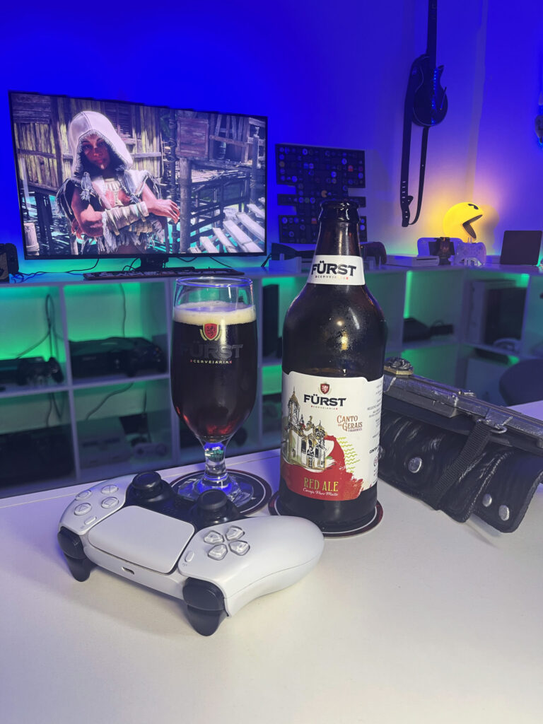 Cerveja Red Ale ao lado de Assassin's Creed Black Flag Resynced no PS5.
