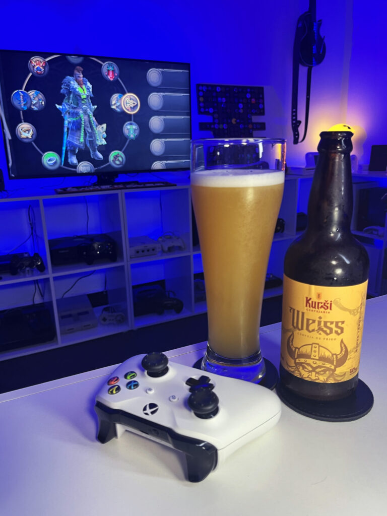 Cerveja Weiss ao lado de Vikings: Wolves of Midgard no Xbox One.