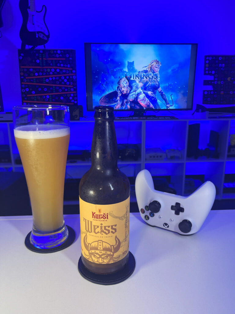 Cerveja Weiss ao lado de Vikings: Wolves of Midgard no Xbox One.