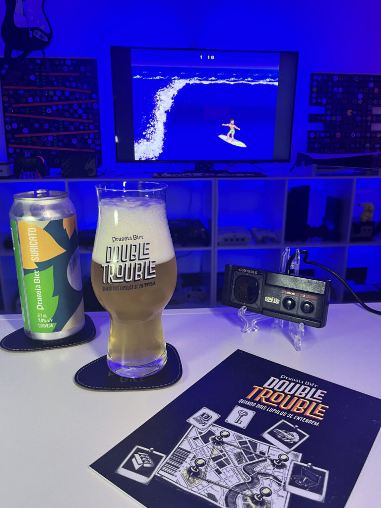 Cerveja Acapulco Dreams, collab Suricato e Prussia Bier, e California Games, jogo do Master System.