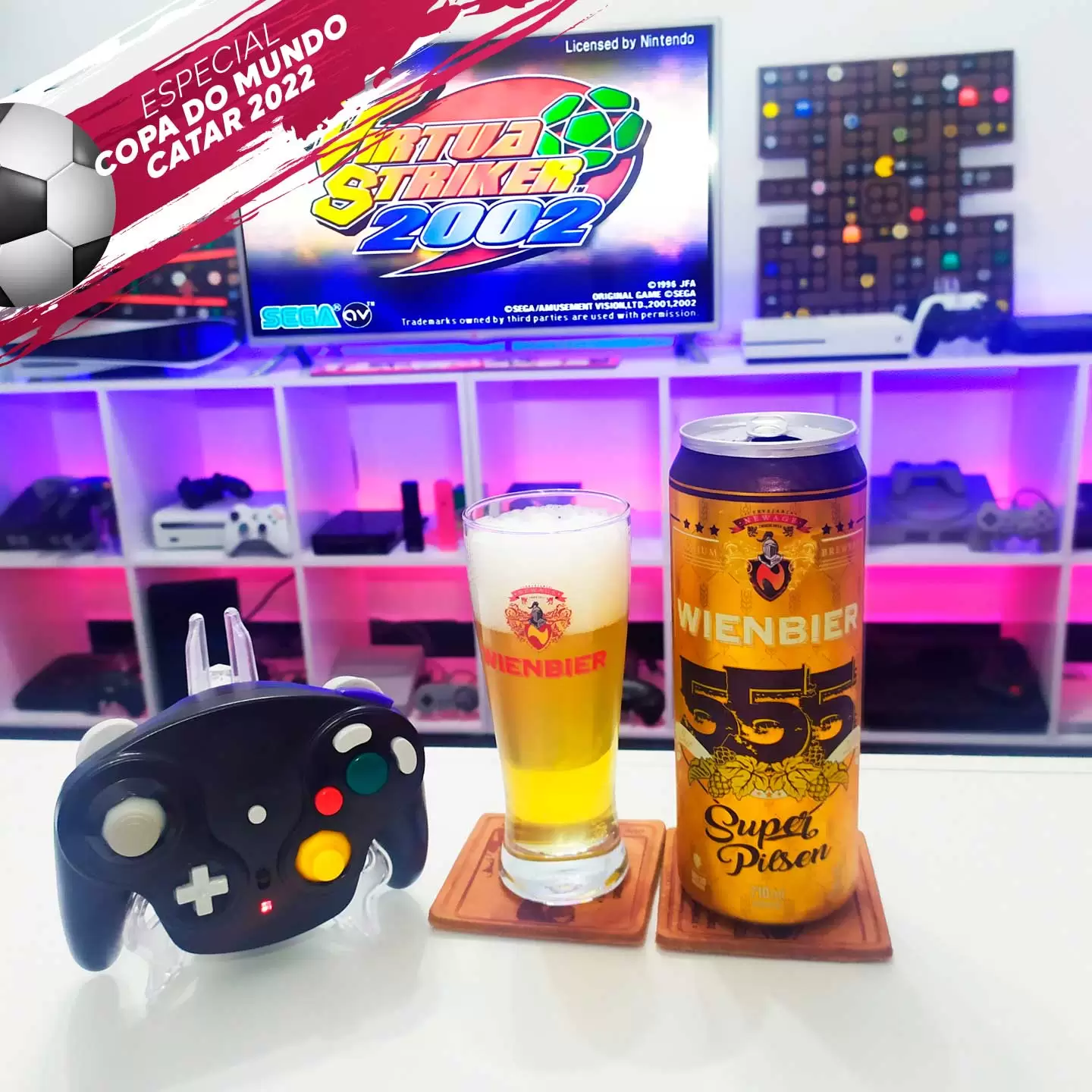 Virtua Striker 2002 direto do Game Cube com a Super Pilsen da Wienbier, rótulo 555